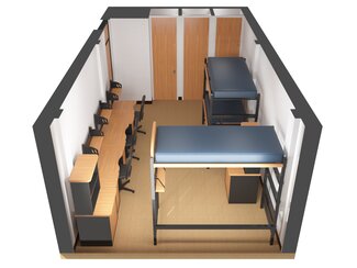 3D image of Corner triple with three beds, desks and closets
