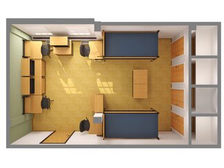 Allen Hall double room 3d image with two beds and two desks