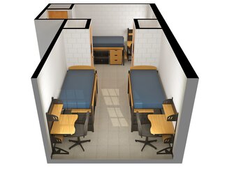 Allen Hall quad room 3d image with four beds and four desks