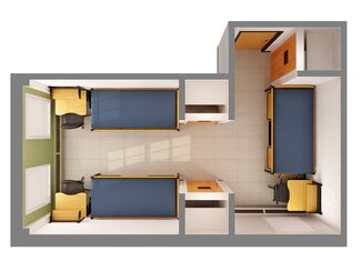 Allen Hall triple room 3d image with three beds and three desks