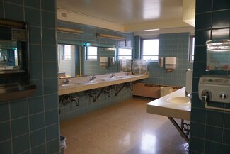 Allen Hall communal bathroom with sinks and mirrors