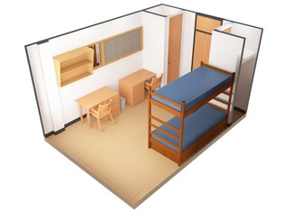 3D Layout of Snyder Double Room with bunked beds and desks